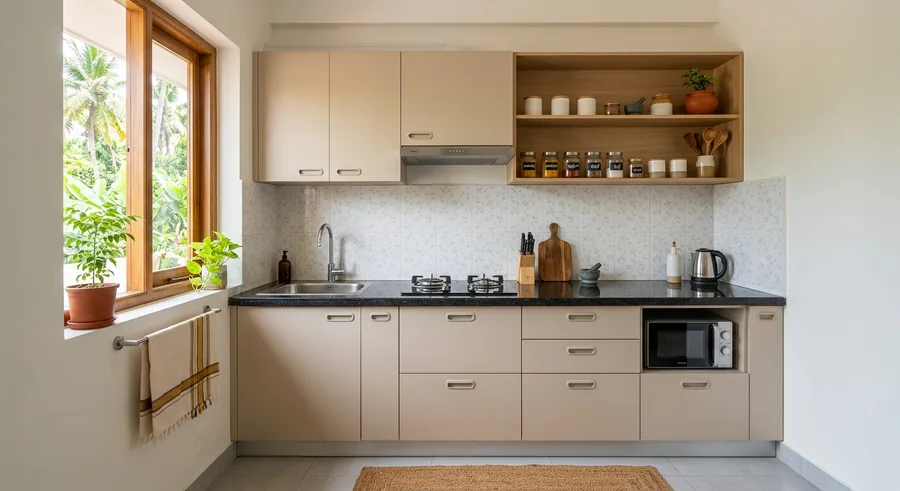 Compact L shaped modular kitchen at a Kodungallur flat