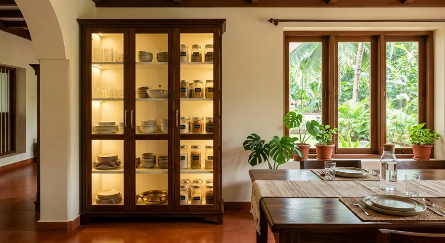 Tall lit crockery unit in an Irinjalakuda dining room