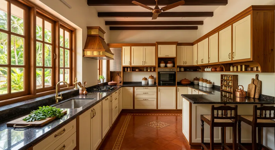 Large U shaped family modular kitchen at a Patturaikkal home in Thrissur