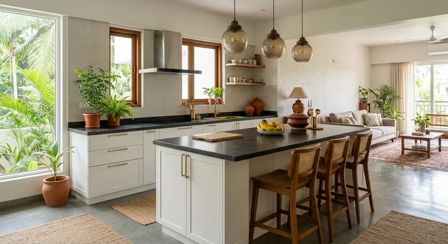 Island modular kitchen with breakfast counter at an Ollur apartment in Thrissur