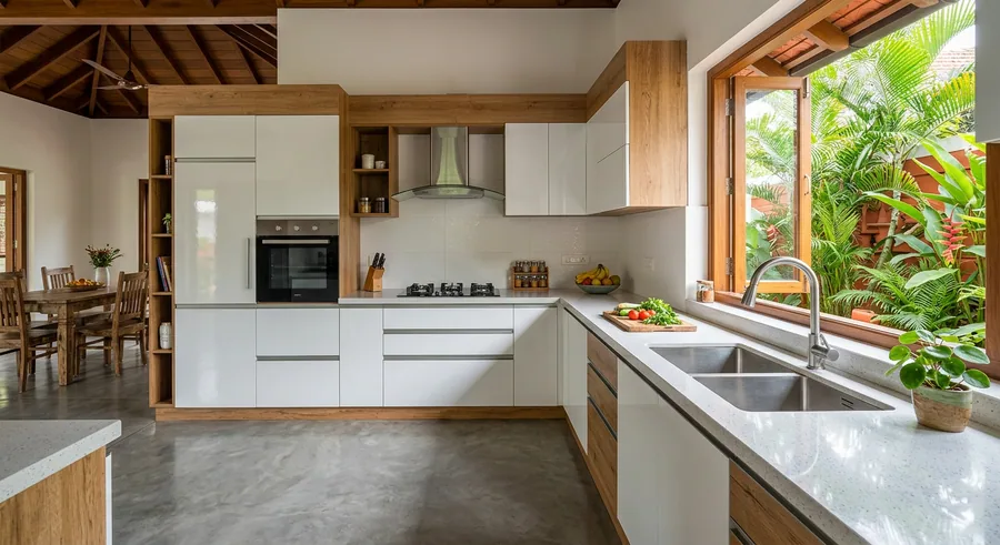 L shaped modular kitchen with white acrylic shutters at a Punkunnam villa in Thrissur