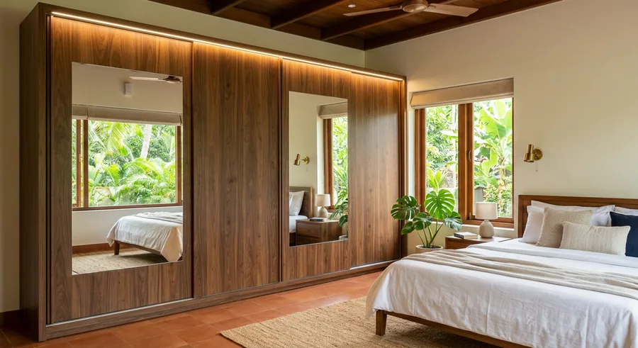 Sliding modular wardrobe in a Wadakkanchery bedroom