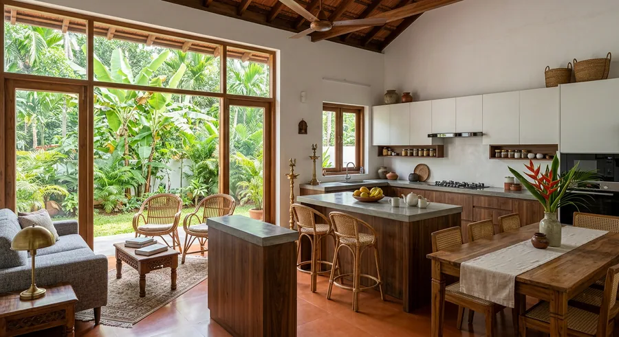 Open modular kitchen with walnut island at a Kunnamkulam villa