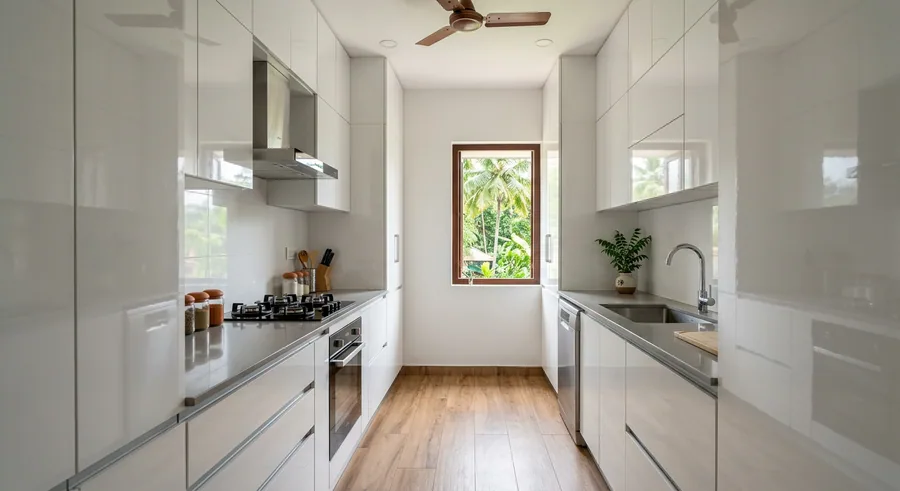 Parallel modular kitchen with white acrylic at an East Fort flat in Thrissur