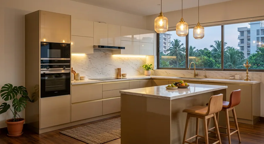 Premium lacquered modular kitchen at a Round North apartment in Thrissur