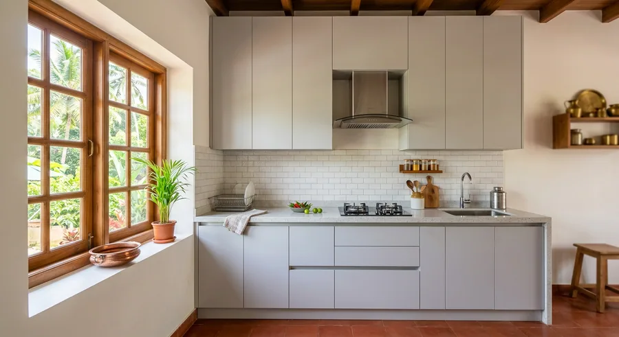 Straight line modular kitchen with vertical storage at a Chalakudy home