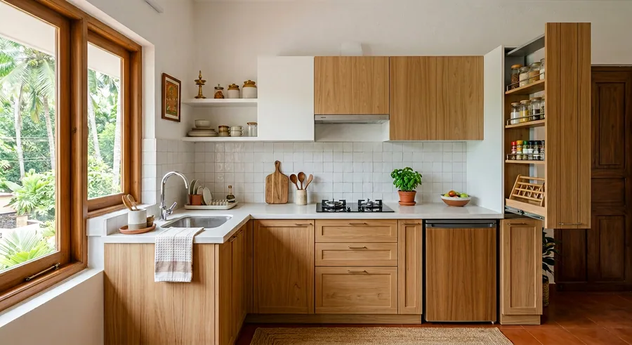 Compact single wall studio modular kitchen at an Aranattukara apartment in Thrissur