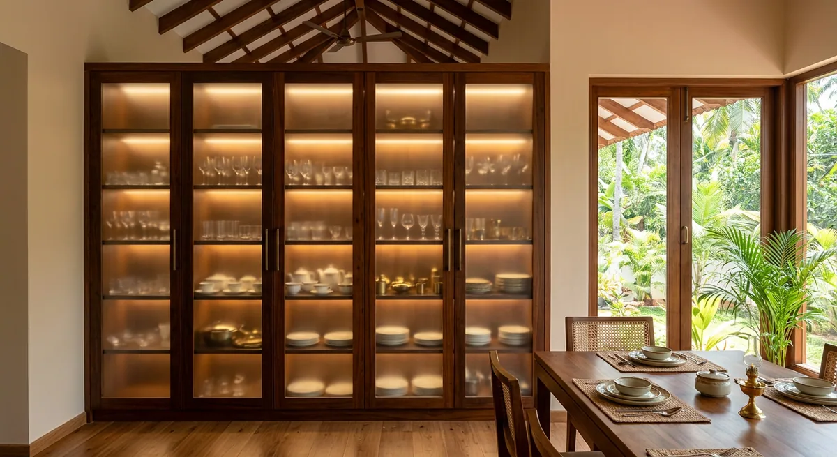 Tall crockery unit with glass shutters and internal lighting