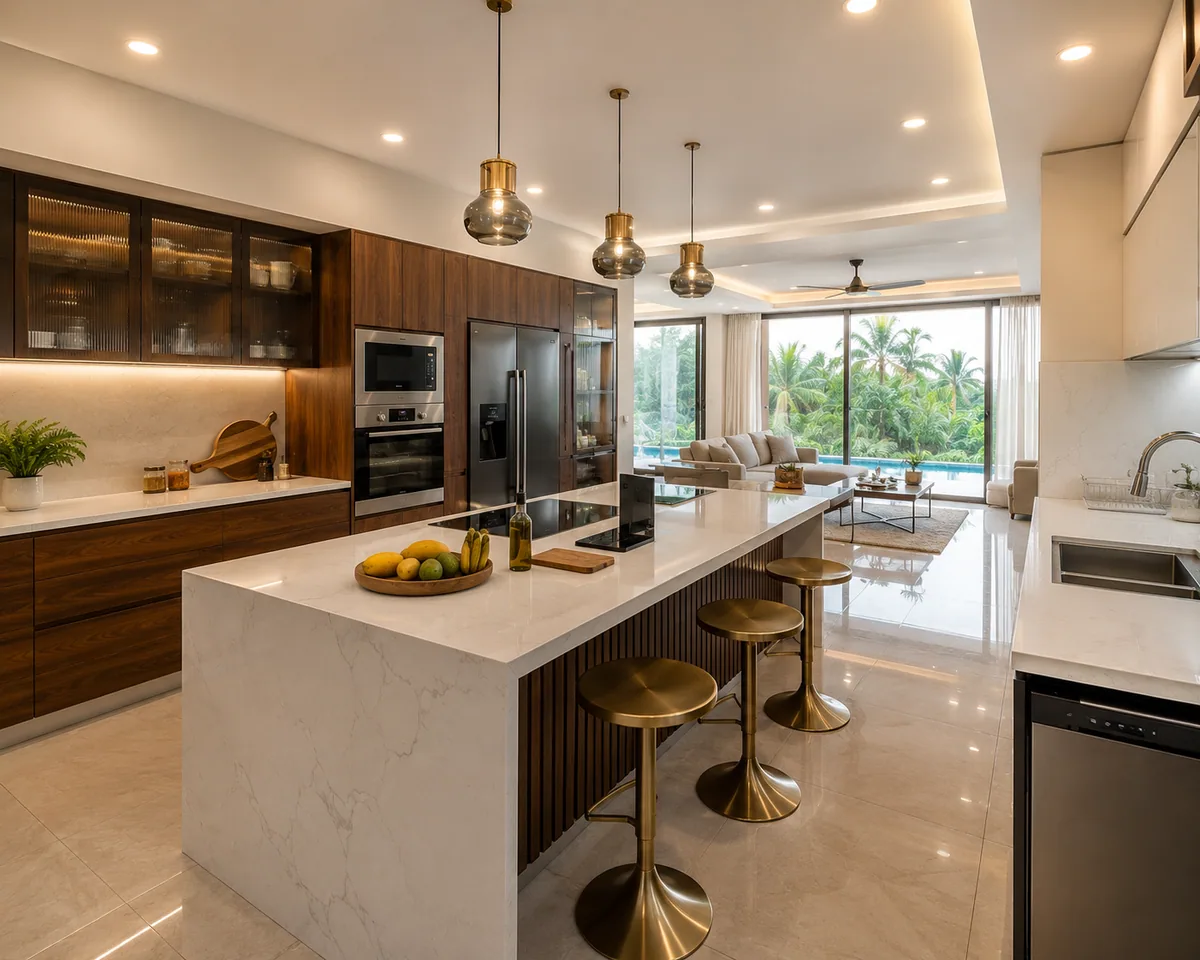 Open island modular kitchen with breakfast counter
