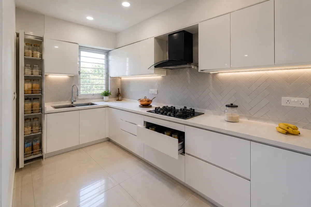 L shaped modular kitchen design with white shutters and wooden countertop