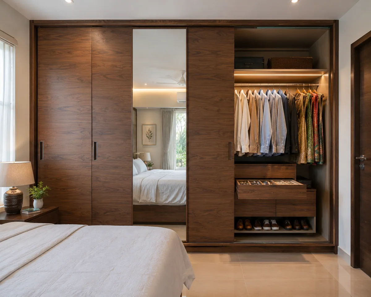 Modular sliding door wardrobe in a Thrissur bedroom