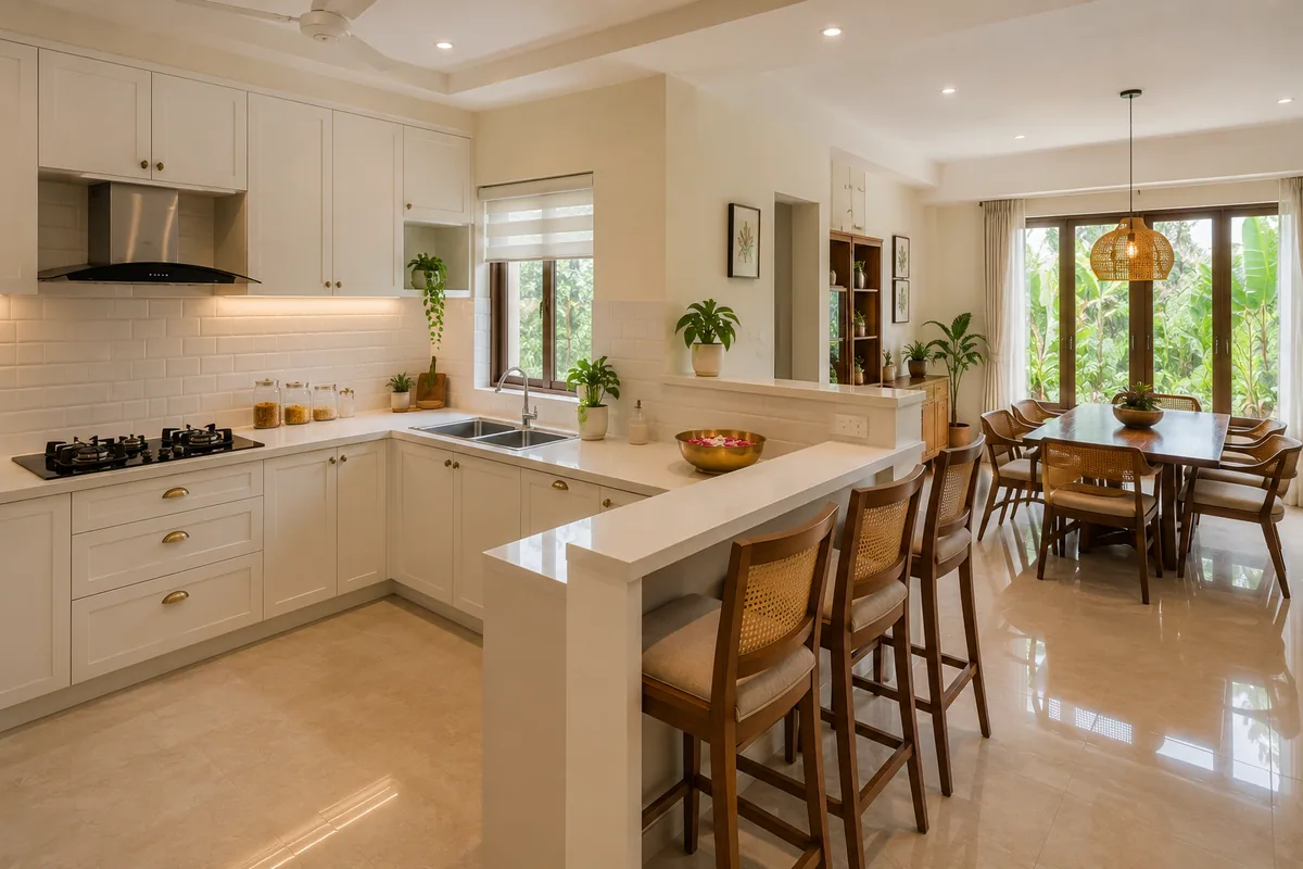 Open modular kitchen connecting to dining area