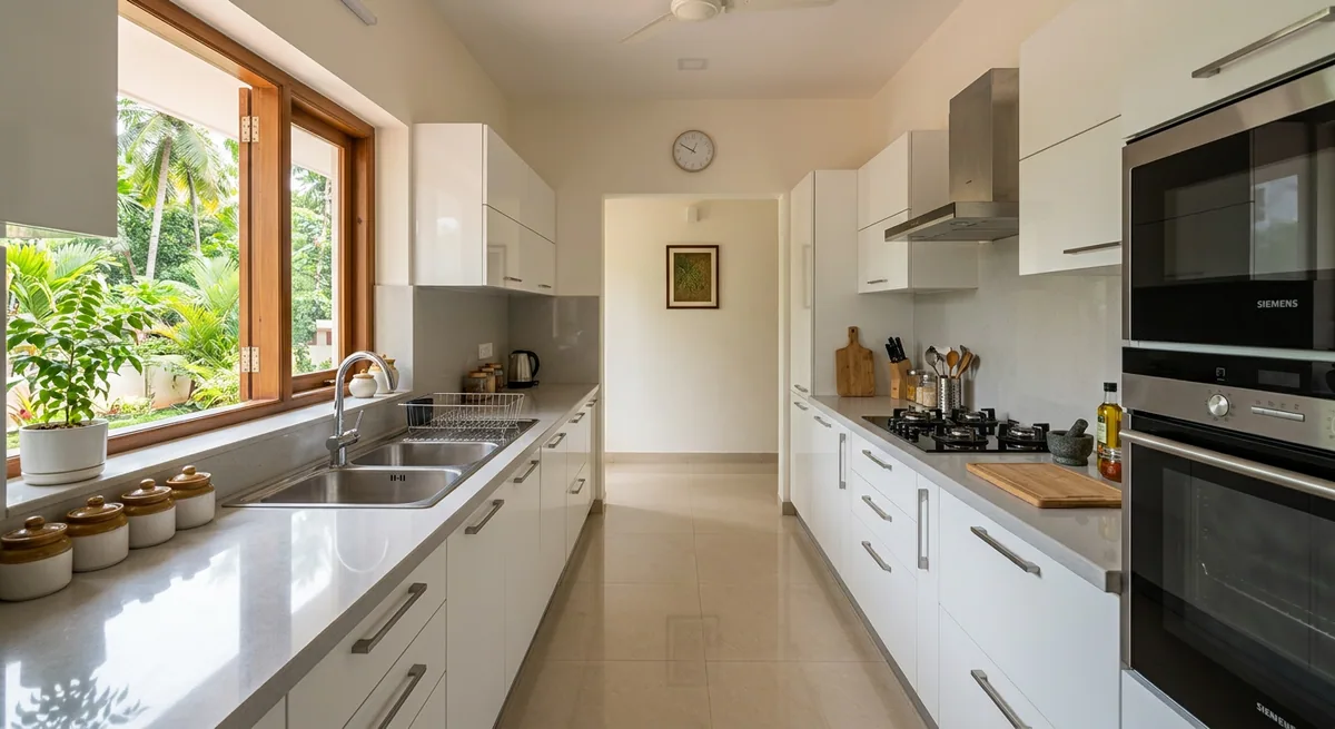 Parallel modular kitchen with two facing cabinet rows