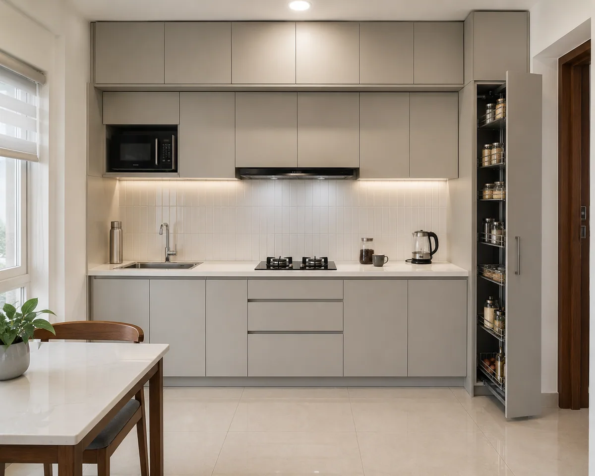Straight line modular kitchen along single wall