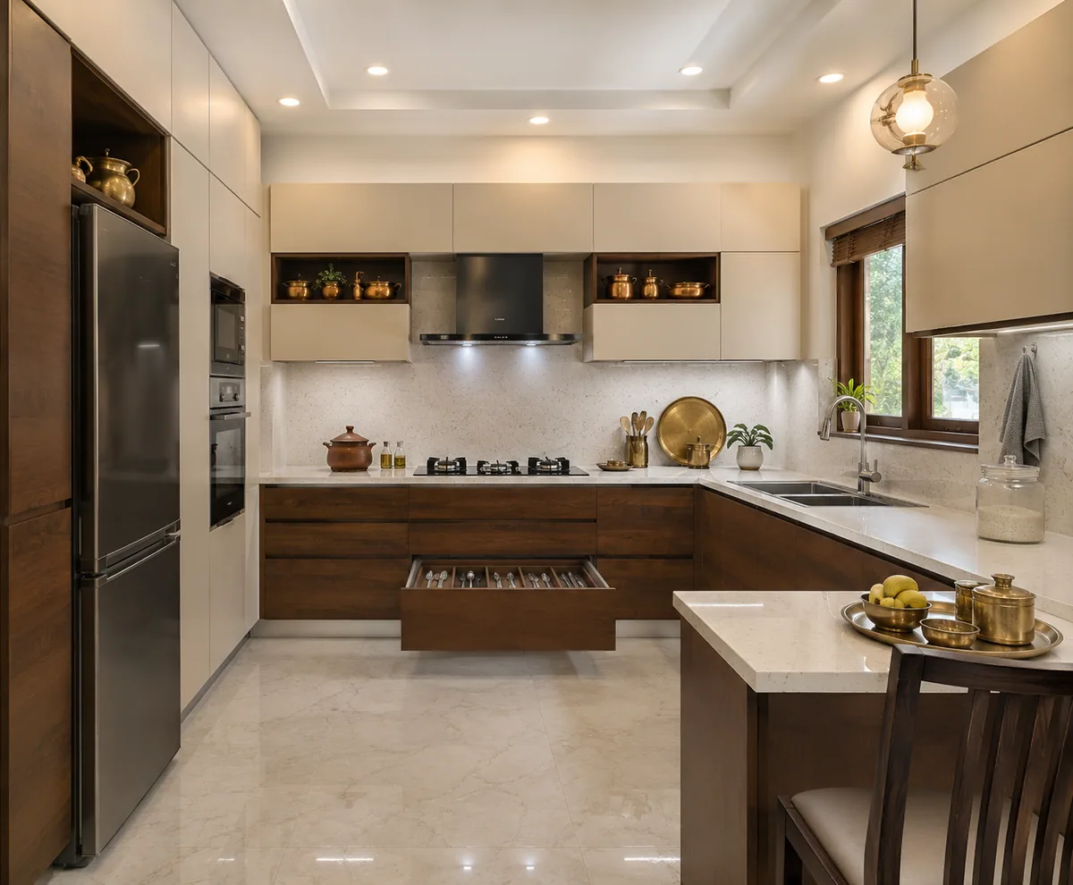 U shaped modular kitchen with cabinets on three sides